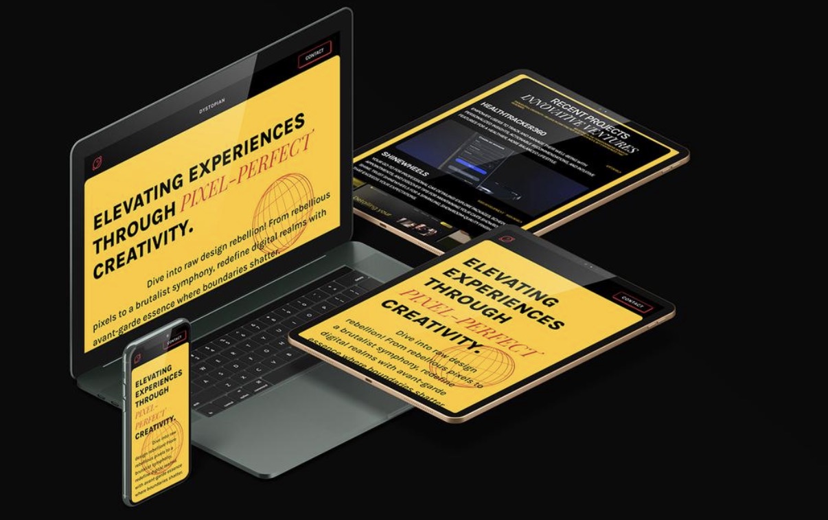 Site institucional conceitual Dystopian exibido em notebook, tablet e celular
